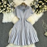 Collar short sleeved striped knitted dress