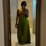 Hanging neck V-neck exposed back pressure pleated oversized swing dress
