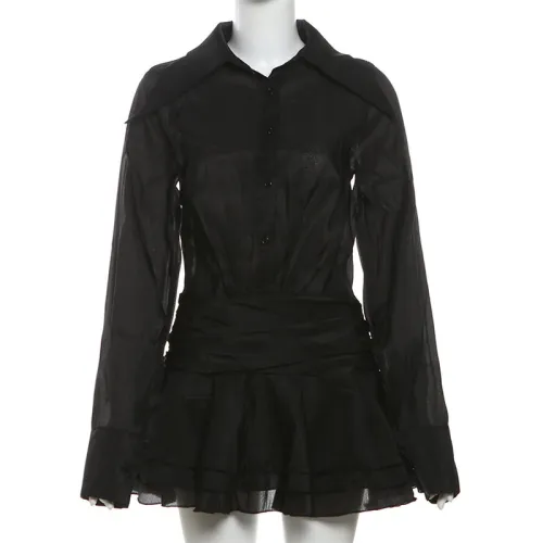 Collar V-neck flared sleeve mesh dress