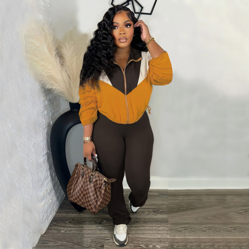 Color blocked zipper cardigan, tight Bottoms,Pants, sports suit