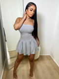 High waisted pleated skirt solid color off shoulder strapless dress