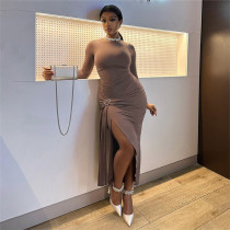 Round neck long sleeved irregular lace up slit pleated dress