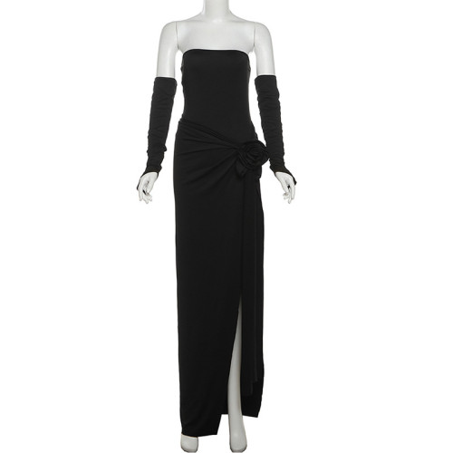 Solid color sleeve set, strapless jumpsuit, split skirt set