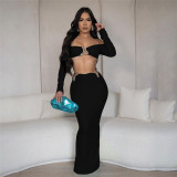 Long sleeved metal three-dimensional decoration exposed navel long skirt set