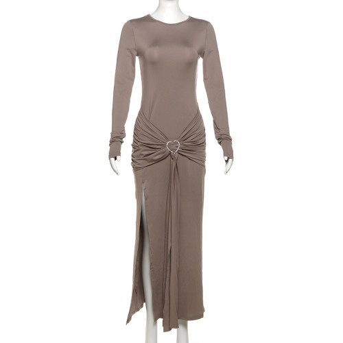 Round neck long sleeved irregular lace up slit pleated dress
