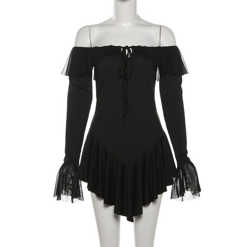 One shoulder backless ruffle edge solid color hip hugging dress