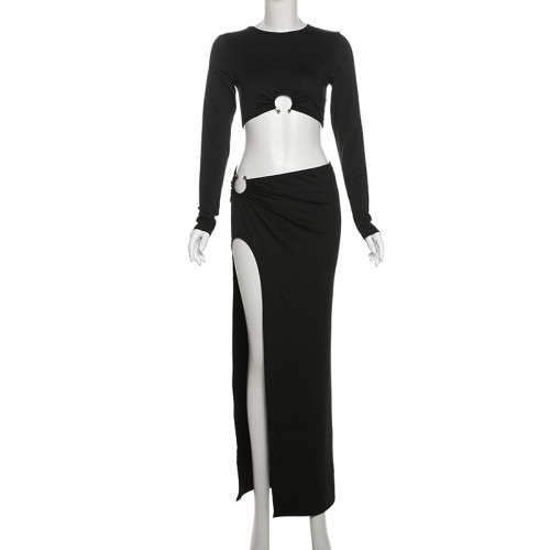 Round neck long sleeved T-shirt high slit skirt set