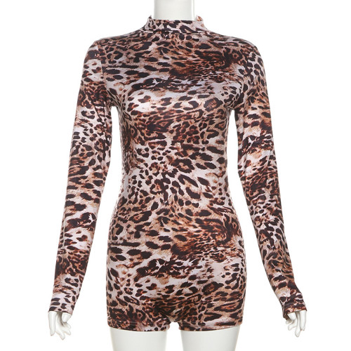 Round neck long sleeved leopard print tight jumpsuit
