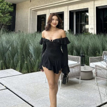 One shoulder backless ruffle edge solid color hip hugging dress