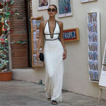 Color blocking V-neck halter tie backless knit dress