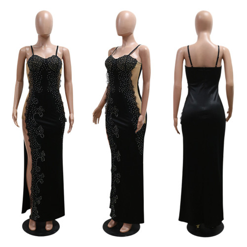 Irregular suspender waist hugging long skirt