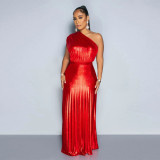 Slant neck sleeveless pleated dress