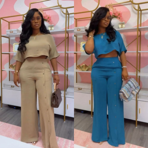 Solid color short sleeved wide leg pants two-piece set