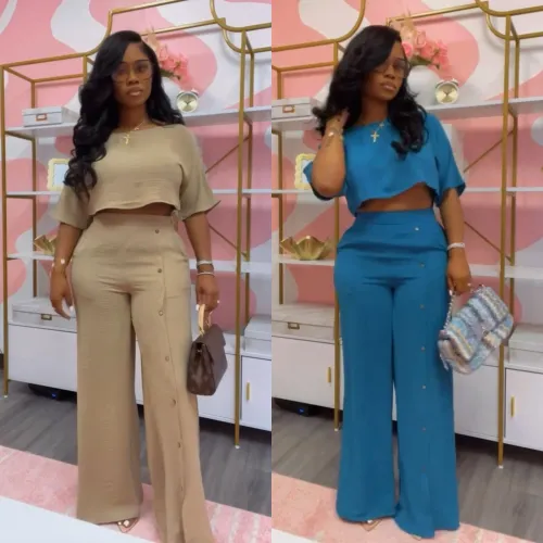 Solid color short sleeved wide leg pants two-piece set