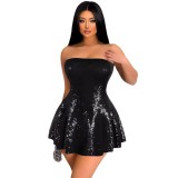 Sleeveless strapless waist cinching sequined dress