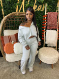 Off shoulder cardigan long sleeved drawstring elastic long pants hoodie set