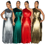 Slant neck sleeveless pleated dress