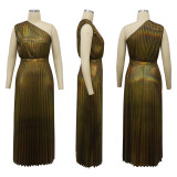 Slant neck sleeveless pleated dress