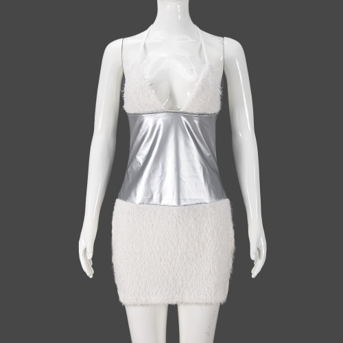 V-neck halter strap patchwork short dress