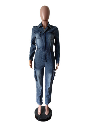Washed high elasticity long sleeved jumpsuit pants