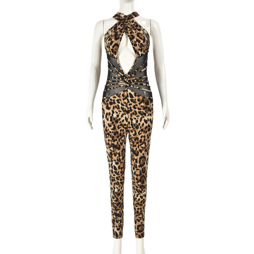 Mesh patchwork leopard print backless jumpsuit