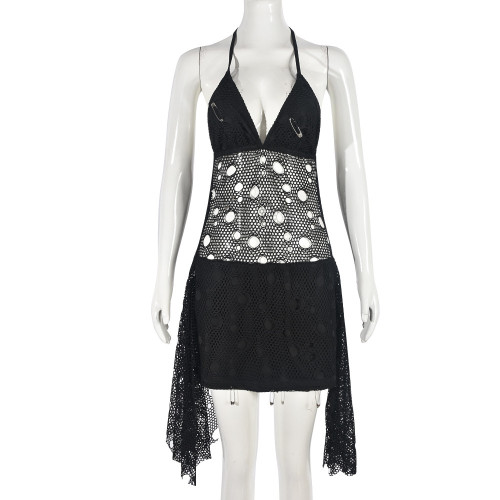Mesh perforated backless camisole dress