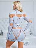 High collar patchwork ripped long sleeved low waist ultra short dress