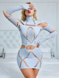 High collar patchwork ripped long sleeved low waist ultra short dress