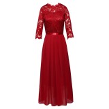 Round neck lace patchwork chiffon dress
