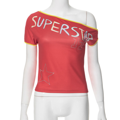 Slanted Shoulder Hot Diamond Exposed Umbilical T-shirt