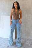 High elasticity denim micro horn work pants