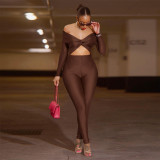 Collar twisted hollow exposed navel high waisted long sleeved jumpsuit