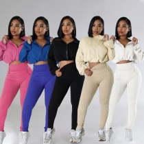 Hooded loose long sleeved top, tight pants two-piece set