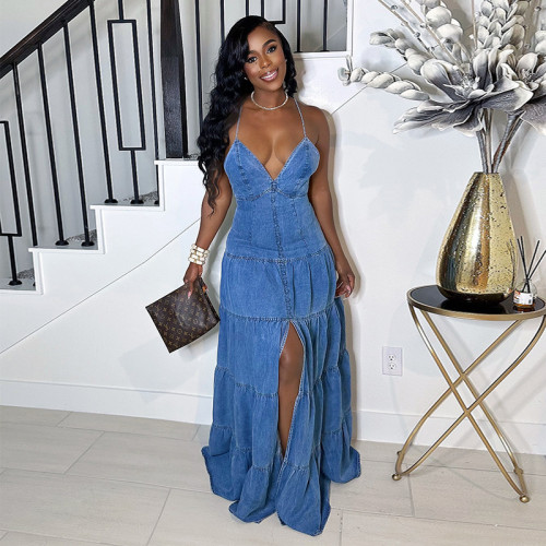 Strap V-neck high waisted backless cake skirt long skirt
