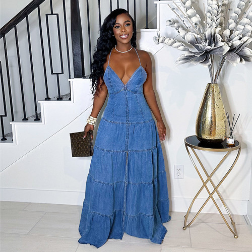 Strap V-neck high waisted backless cake skirt long skirt