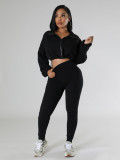 Hooded loose long sleeved top, tight pants two-piece set