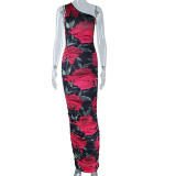 Printed off shoulder sleeveless dress with head and hips wrapped