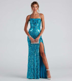 One neck sequin high slit long dress