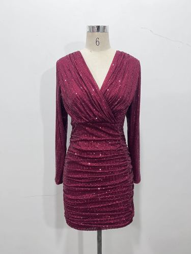 Glitter V-neck hip hugging short skirt dress