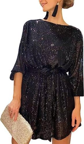 Sequin round neck long sleeved loose bead dress