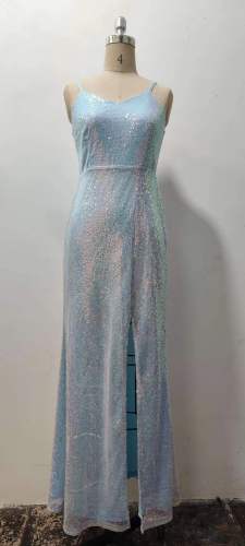 Bead slit suspender evening gown