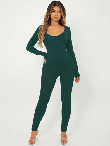Long sleeved U-shaped collar spliced long pants jumpsuit