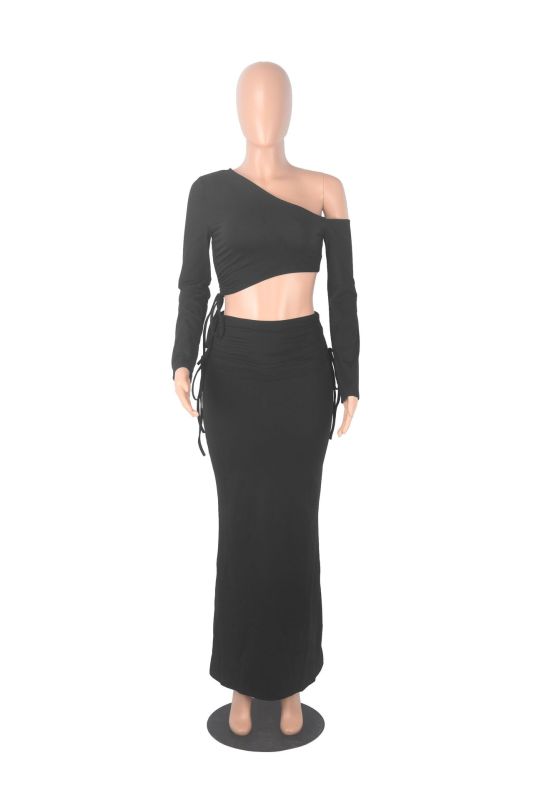 Solid color slanted shoulder drawstring long sleeved dress set