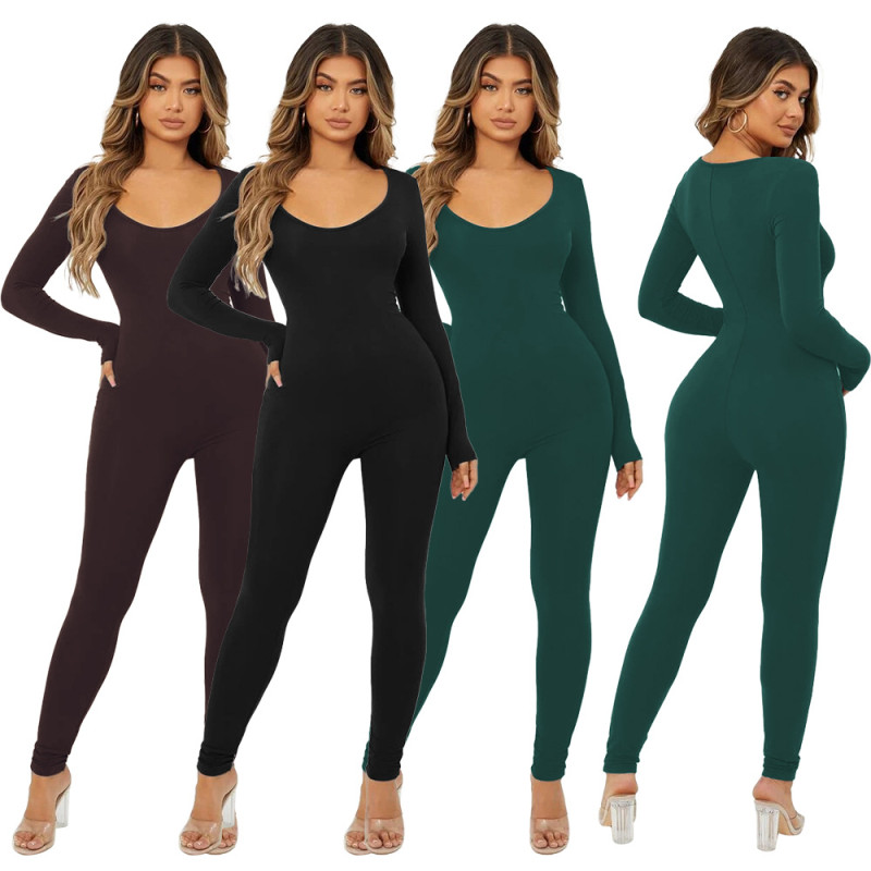 Long sleeved U-shaped collar spliced long pants jumpsuit