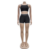 Solid color suspender shorts two-piece set