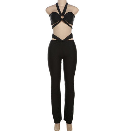 Hollow out sleeveless hanging neck and exposed navel low waist pants set