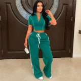 Zipper short sleeved top paired with loose pants two-piece set