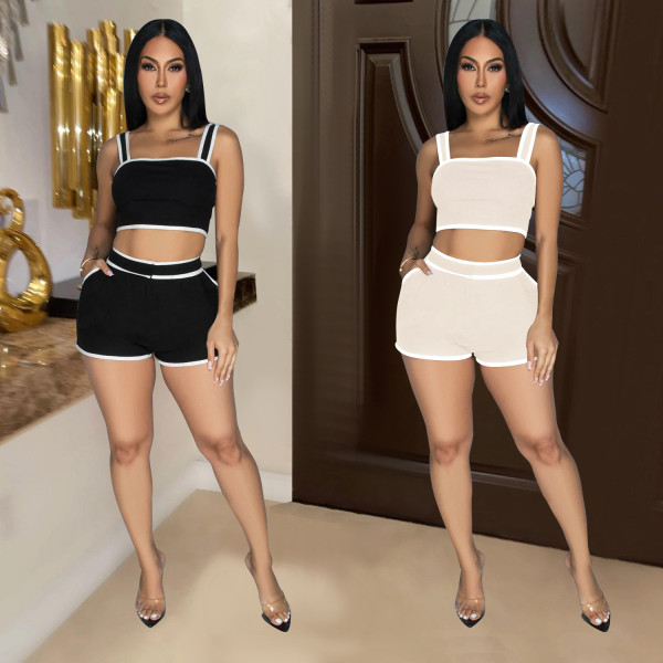 Solid color suspender shorts two-piece set