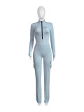 Elastic high waisted long sleeved jumpsuit work pants set