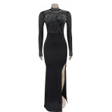 Women's hot stamping diamond slit long dress